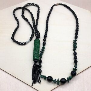 Vintage Chinese Jadeite and Onyx Tassel Necklace Free Vintage Malachite Necklace
